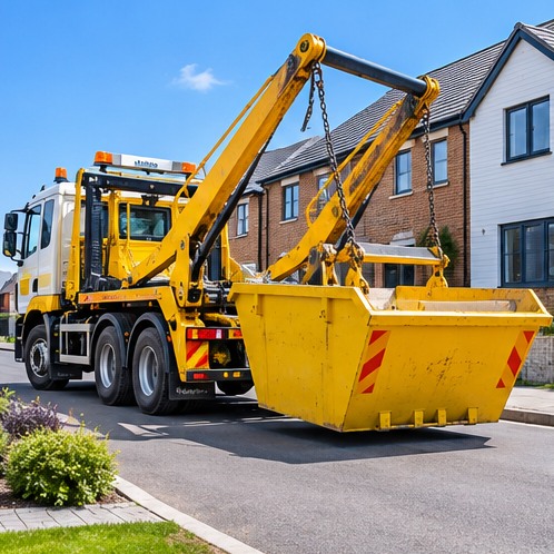 Yellow skip collection vehicle on a residential street