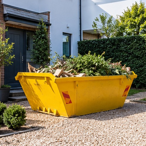 Compact yellow skip outside a home