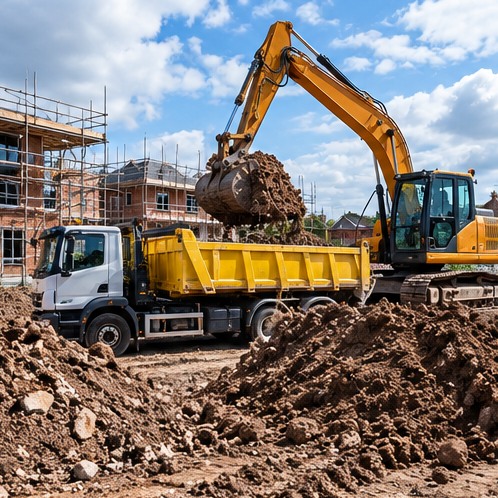Building site earthmoving work and heavy vehicle
